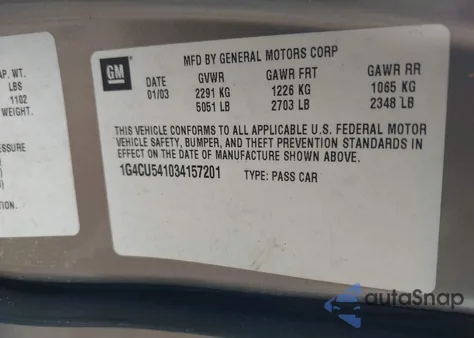 2003 Buick Park Avenue Ultra z USA, uszkodzony, nr VIN 1G4CU541034157201